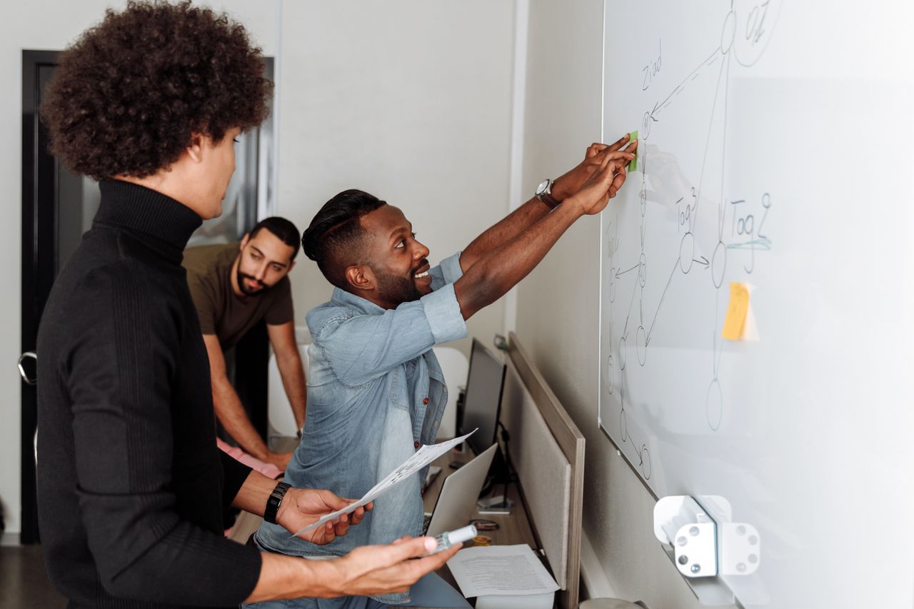 Team members collaborating around a whiteboard during a planning session